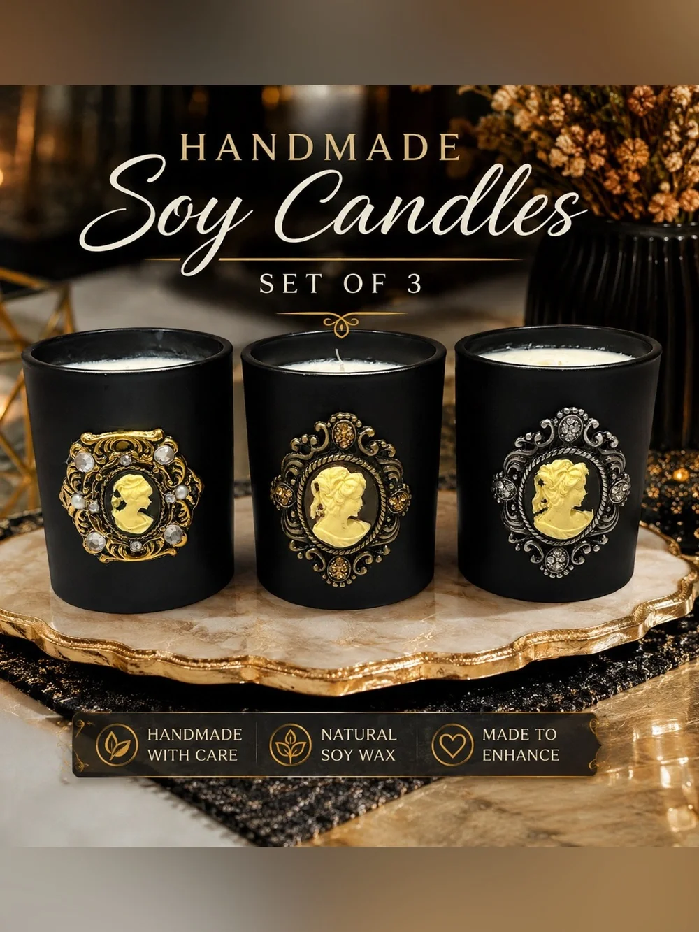 Handmade Black & Gold Soy Candle Set of 3 - Elegant Cameo Design